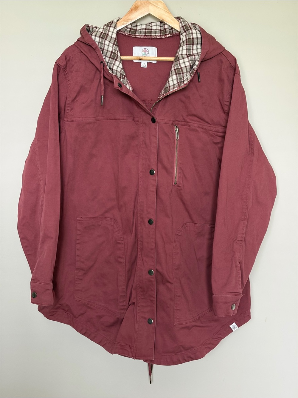 Women's Hooded Utility Jacket in Burgundy with Plaid Lining